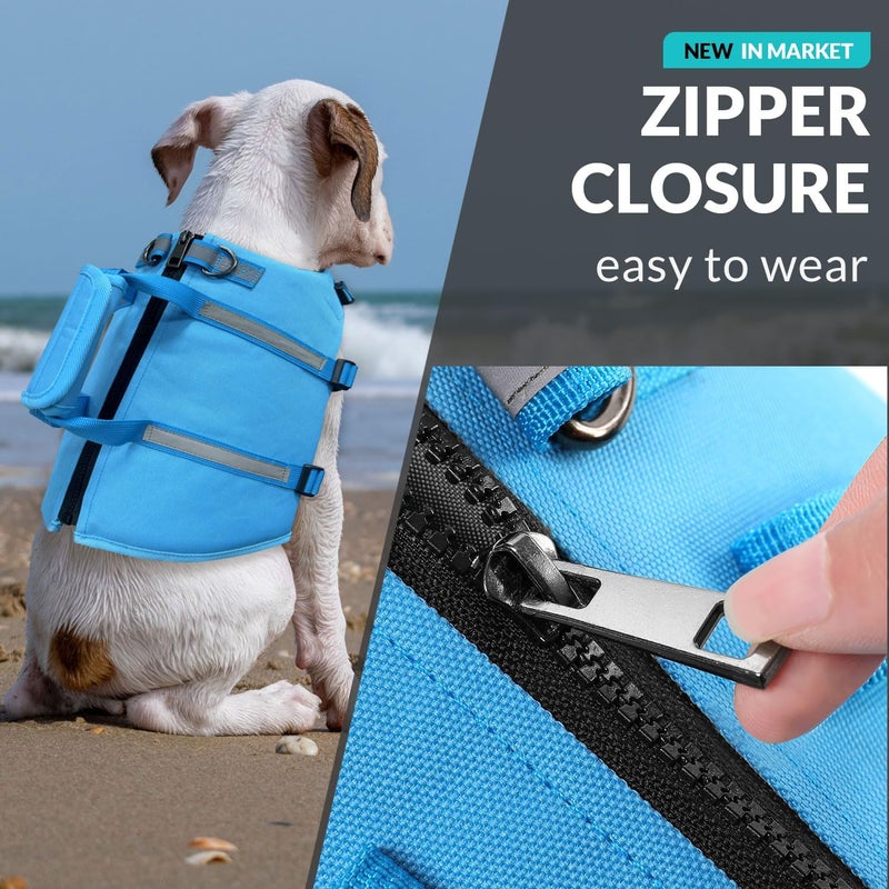Queenmore Large Dog Swimming Life Jacket with Back Zip, Rescue Handle, Hook (Blue L) - Image 2
